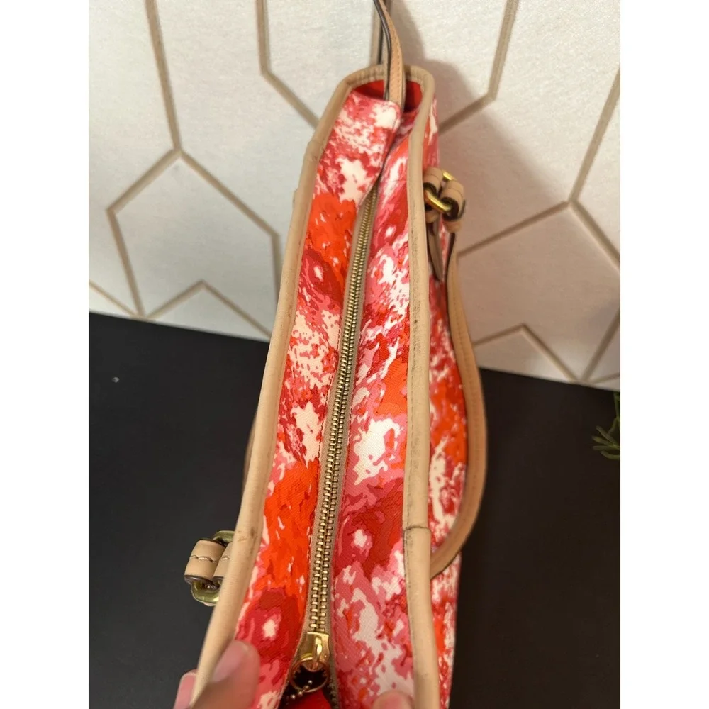 Coach Peyton Floral Print Top Handle Tote Bag Pink‎ Orange White Leather Bag